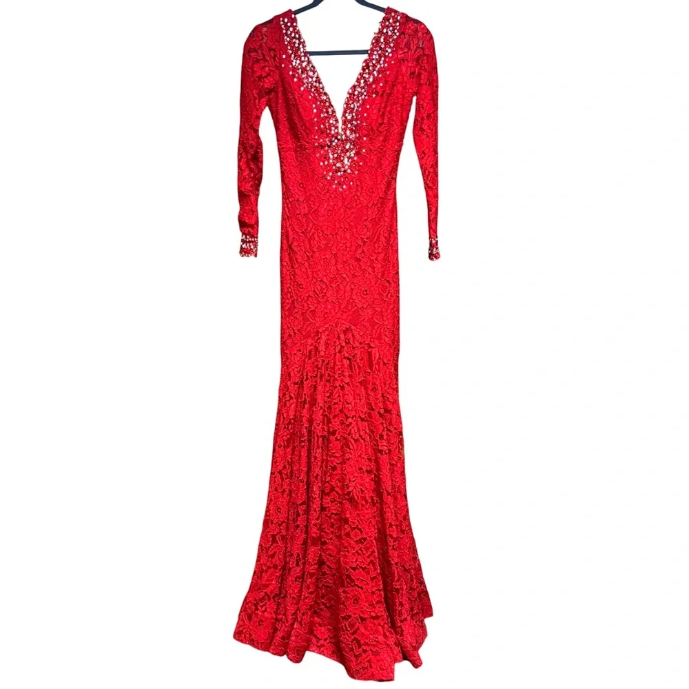 jovani red lace dress Red Lace Double Slit Formal Dress Evening Gown Double Slit Red Dress Red  Jovani 42724 Formal